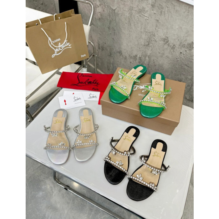 Christian Louboutin Black Crystal Embellished Flat Slide Sandal