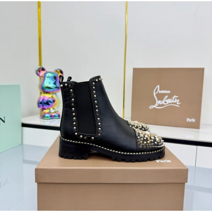 Christian Louboutin Black Leather Mixed‑Metal Studded Chelsea Ankle Boots Block Heel