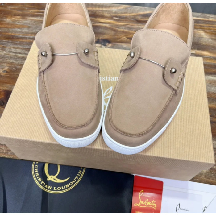 Christian Louboutin Taupe Nubuck Metal‑Bar Slip‑On Loafers