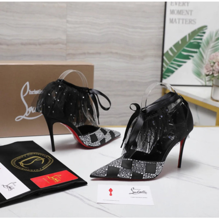 Christian Louboutin Black Satin Checkerboard Crystal Tulle Ruffle 100mm Stiletto Heel Pumps