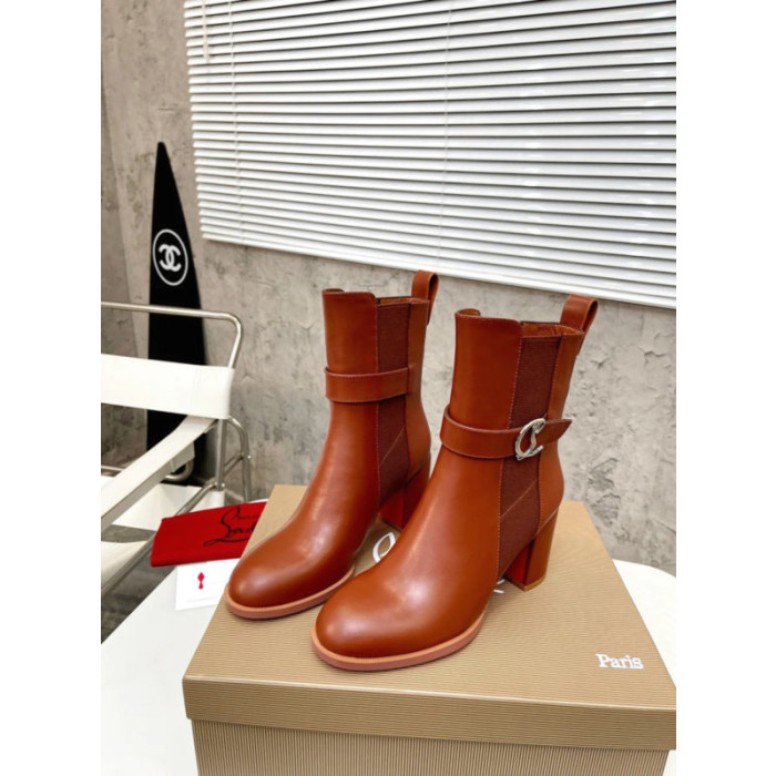 Christian Louboutin Cognac Leather 85mm Block‑Heel Chelsea Ankle Boots with CL Buckle