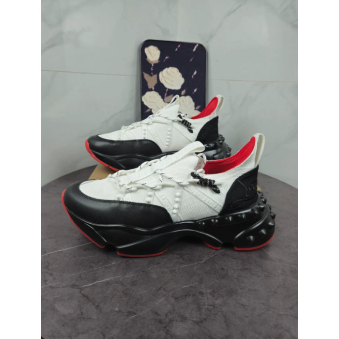 Christian Louboutin White‑Black Spiked Chunky Lace‑Up Sneakers Red Lining