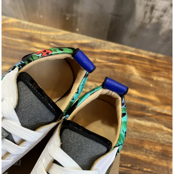 Christian Louboutin Green Graffiti‑Print Spiked‑Toe Low‑Top Lace‑Up Sneakers
