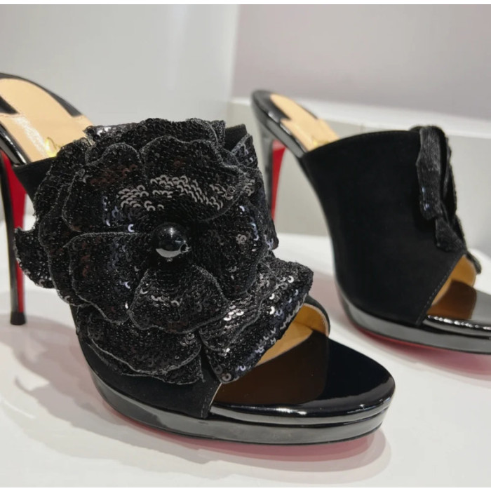 Christian Louboutin Black Sequin‑Flower 120mm Heel Platform Mule Sandals