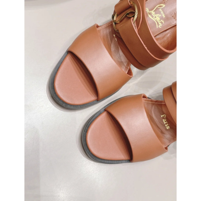 Christian Louboutin Tan Leather CL‑Logo Block Heel Ankle‑Strap Sandals 85mm heel