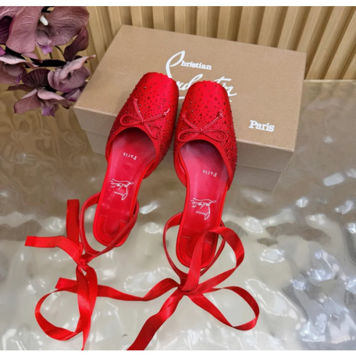 Christian Louboutin Red Satin Crystal‑Embellished Ankle‑Tie Ballet Flats