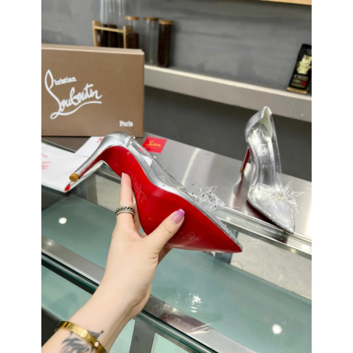 Christian Louboutin Silver Transparent PVC Bow Crystal Pointed‑Toe 100mm heel Pumps