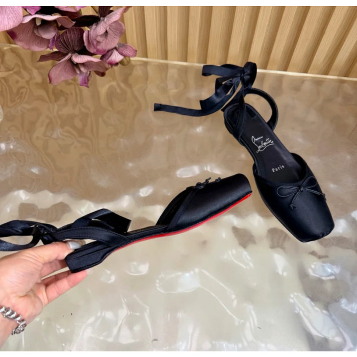 Christian Louboutin Black Satin Bow Ankle‑Tie Slingback Ballet Flats