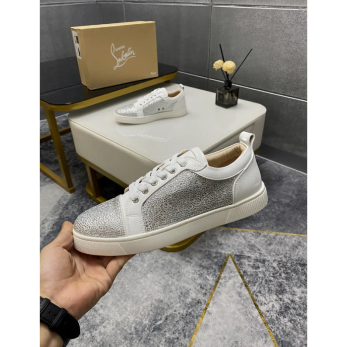 Christian Louboutin White Leather Silver Crystal‑Encrusted Low‑Top Sneakers