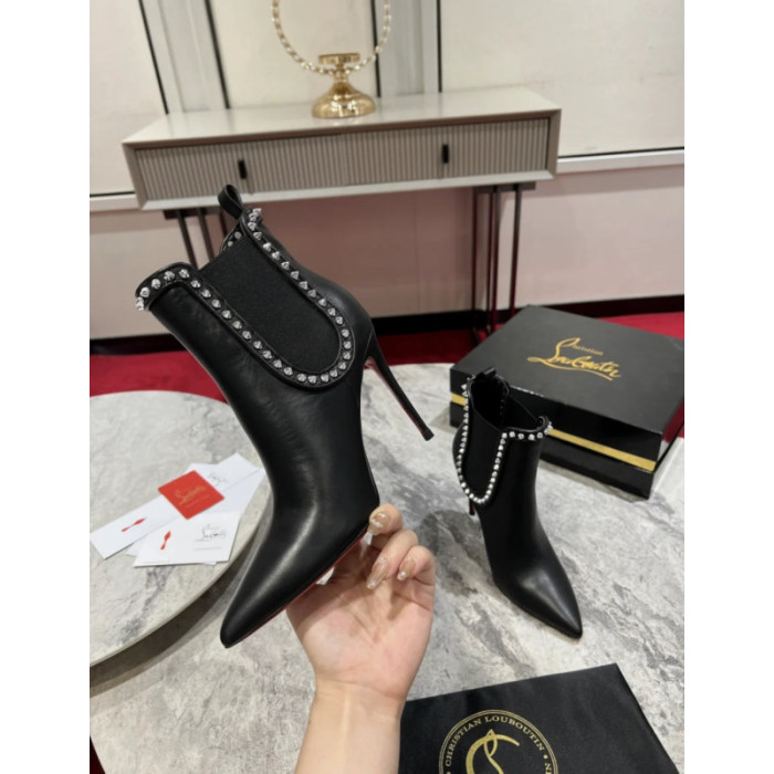 Christian Louboutin Black Leather 100mm Spiked Stiletto Pointed Toe Ankle Boots
