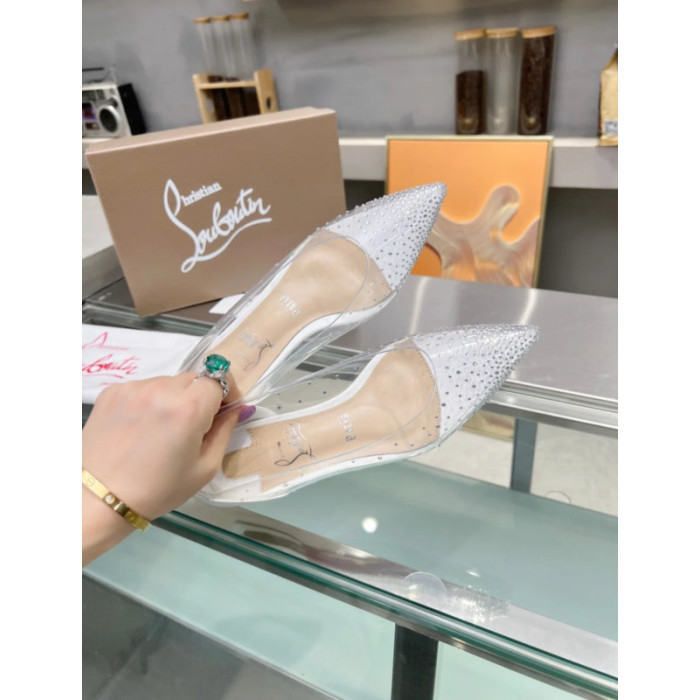 Christian Louboutin Clear PVC White Crystal Pointed‑Toe Flat Pumps