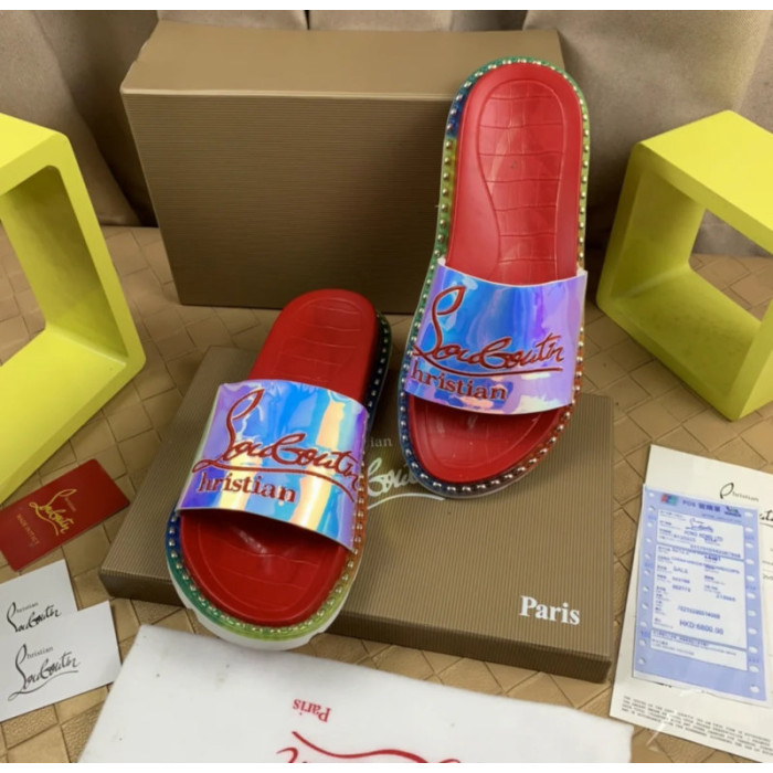 Christian Louboutin Holographic Strap Red Footbed Slide Sandals