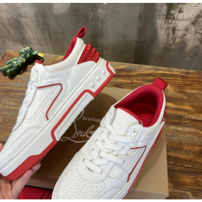 Christian Louboutin White‑Red Spiked Low‑Top Platform Sneakers