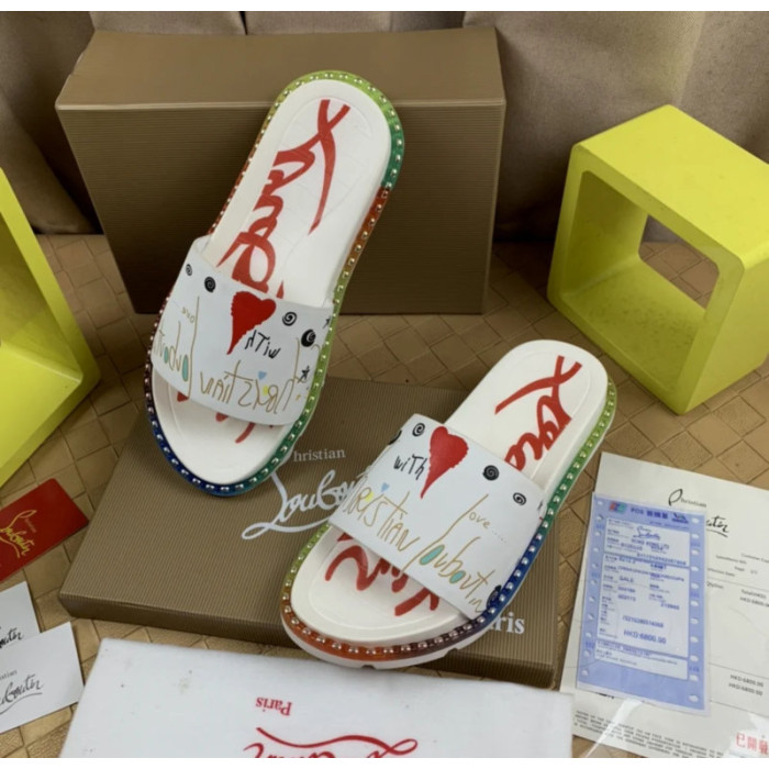Christian Louboutin White Heart‑Graffiti Print Slides Rainbow Crystal‑Trimmed Sole