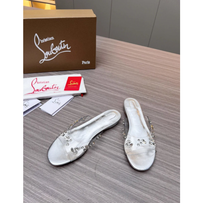 Christian Louboutin Clear Strap Crystal‑Adorned Silver Flat Slide Sandals
