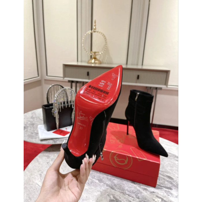 Christian Louboutin Black Suede 100mm Lock‑Buckle Pointed Toe Ankle Boots