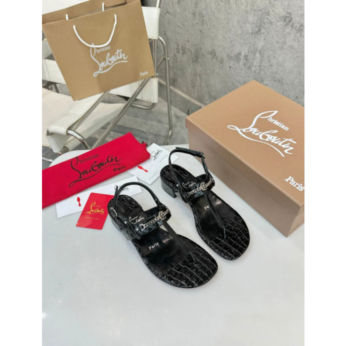 Christian Louboutin Croc‑embossed Black Leather Block Heel Thong Sandal