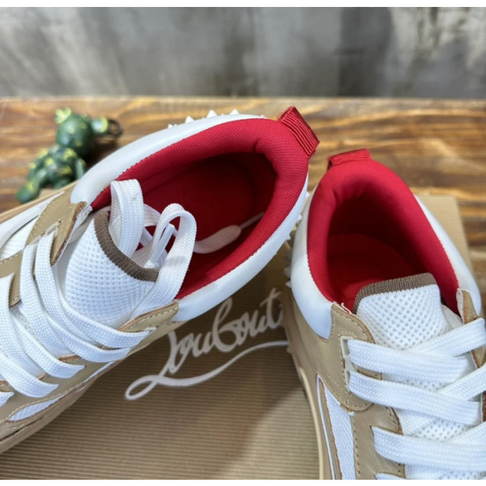 Christian Louboutin Tan‑White Leather Mesh Spiked Platform Low‑Top Sneakers