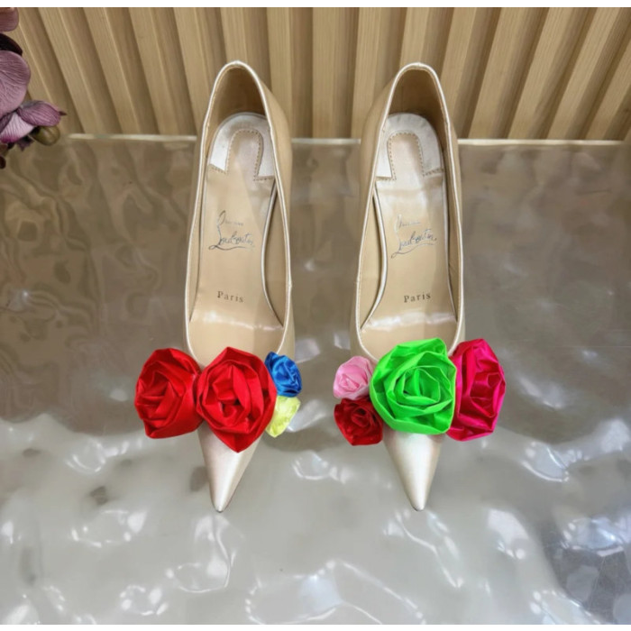 Christian Louboutin Ivory Satin Multicolor Fabric Flower 100mm Stiletto Heel Pumps