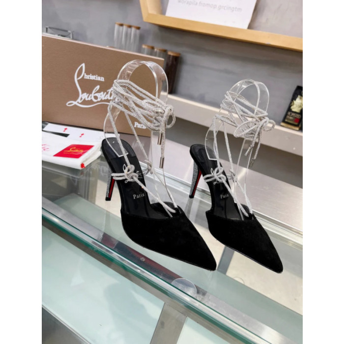 Christian Louboutin Black Suede Crystal Ankle Tie 100mm High Heel Pumps