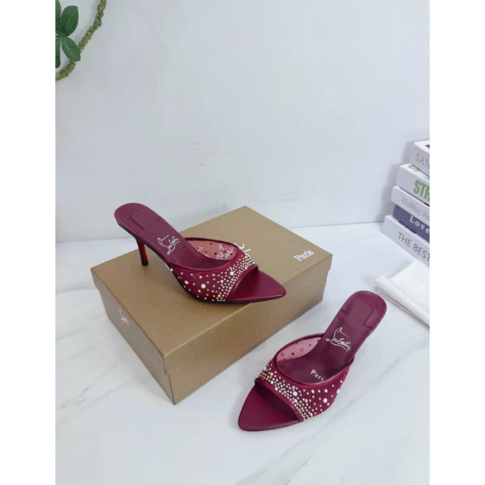 Christian Louboutin Burgundy Mesh Crystal 70mm Pointed‑Toe Mule High‑Heel Sandals
