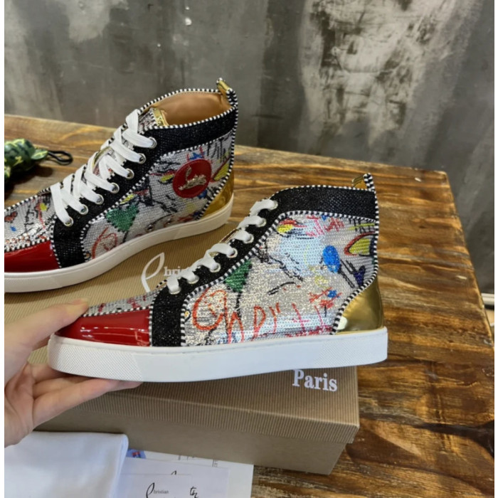 Christian Louboutin Graffiti‑Print Sequined Color‑Block High‑Top Sneakers