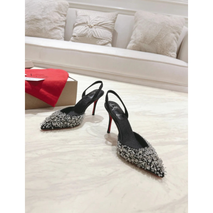 Christian Louboutin Black Fabric Crystal‑Embellished 100mm Pointed‑Toe Slingback Stiletto Heel Pumps