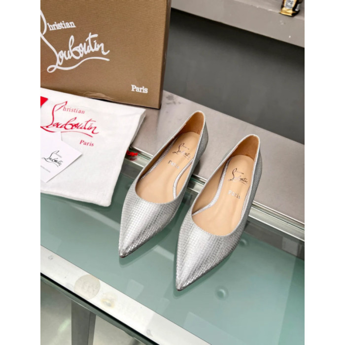 Christian Louboutin Silver Woven Metallic Pointed‑Toe Low‑Wedge Heel Flats