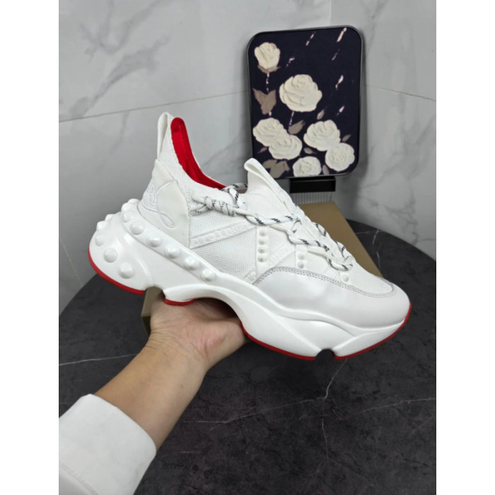 Christian Louboutin White Bubble‑Sole Lace‑Up Chunky Sneakers Red Inner Lining