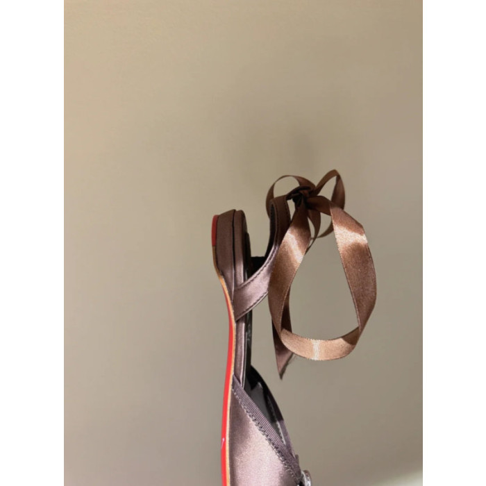 Christian Louboutin Bronze Satin Tie‑Ankle Ballet Flat Sandals