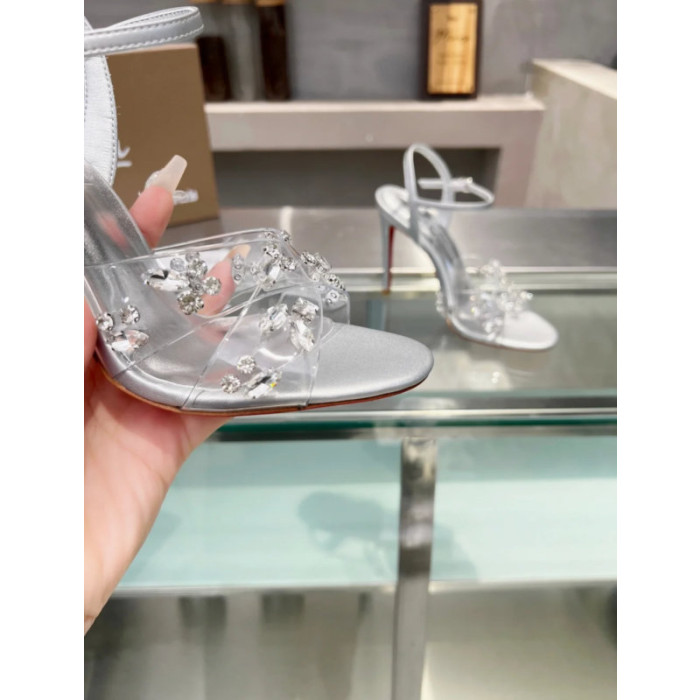 Christian Louboutin Silver Metallic Crystal‑Adorned 100mm Stiletto heel Sandals