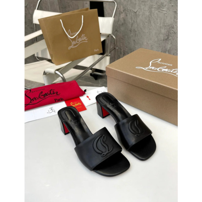 Christian Louboutin Black Leather 55mm heel Block Heel Slide Sandal
