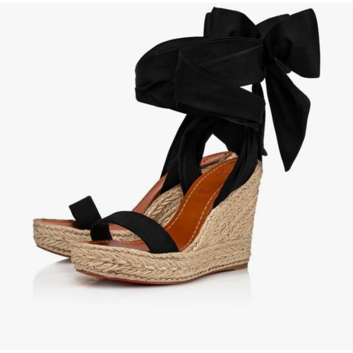 Christian Louboutin Black Textile 120mm heel Wedge Ankle‑Wrap Espadrille Sandal