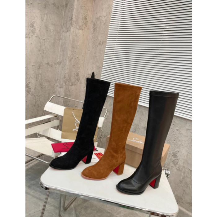 Christian Louboutin Black Suede 85mm heel Block‑Heel Knee‑High Boots