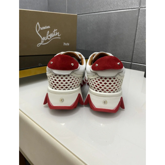 Christian Louboutin White Leather Suede Red Zigzag Sole Low‑Top Sneakers