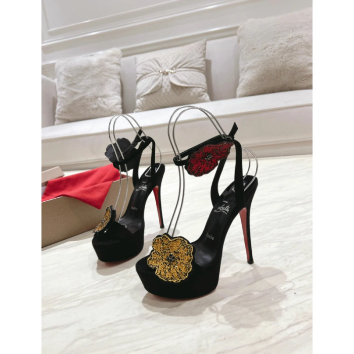 Christian Louboutin Black Satin Crystal Flower 150mm Platform Stiletto Heel Sandals