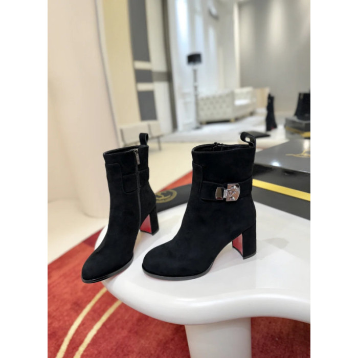 Christian Louboutin Black Suede Metal‑Buckle Block Heel Ankle Boots