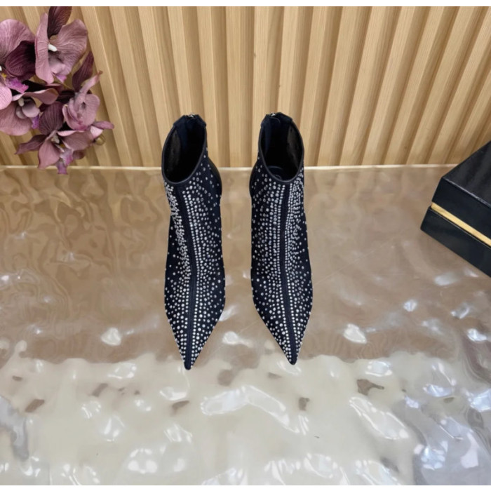 Christian Louboutin Black Mesh 100mm Crystal‑Embellished Pointed Toe Stiletto Heel Ankle Boots