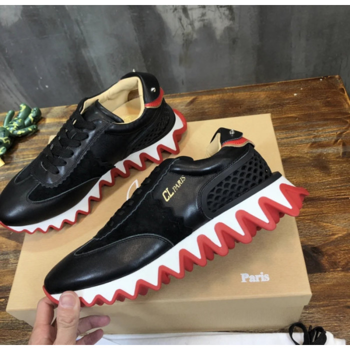 Christian Louboutin Black Leather Gold‑Logo Lace‑Up Sneakers Red Shark‑Tooth Sole