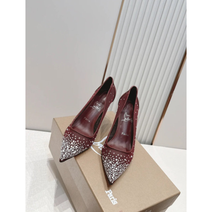Christian Louboutin Burgundy Mesh Crystal 85mm Stiletto Heel Pointed‑Toe Pumps