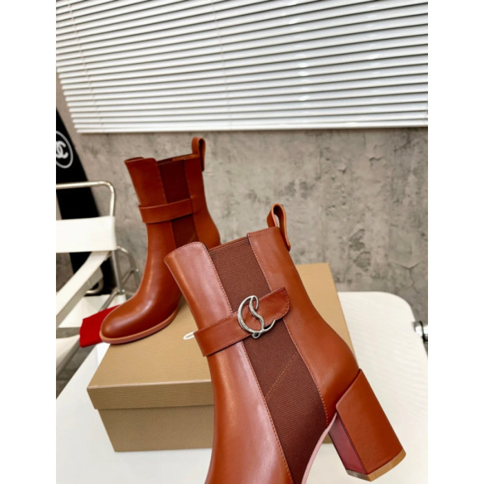 Christian Louboutin Cognac Leather 85mm Block‑Heel Chelsea Ankle Boots with CL Buckle