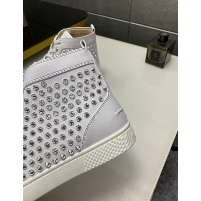 Christian Louboutin White Leather Full Silver‑Spiked High‑Top Sneakers