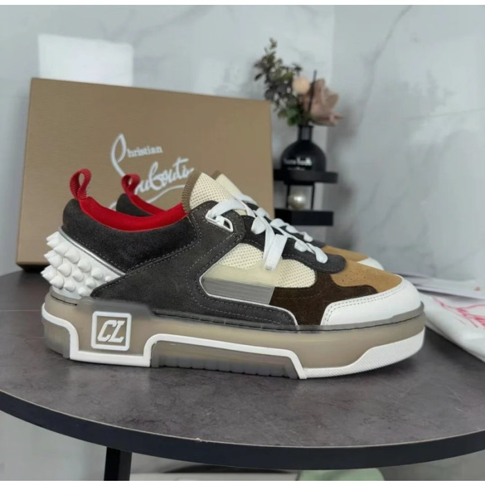 Christian Louboutin Brown‑White Suede‑Mesh Spiked Platform Lace‑Up Sneakers