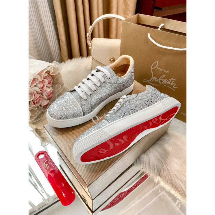 Christian Louboutin Silver Full‑Crystal Low‑Top Lace‑Up Casual Sneakers