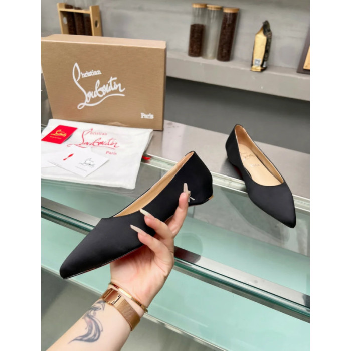 Christian Louboutin Black Satin Pointed‑Toe Low‑Wedge Heel Flats