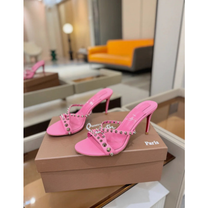 Christian Louboutin Bubblegum Pink Leather 100mm heel Spiked Mule Sandals
