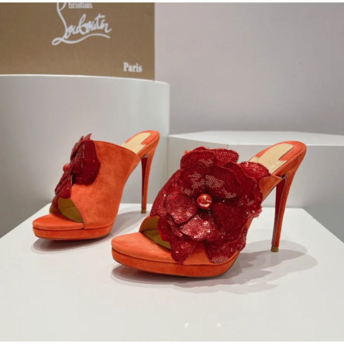 Christian Louboutin Orange Suede Sequin‑Flower 120mm Heel Platform Mule Sandals