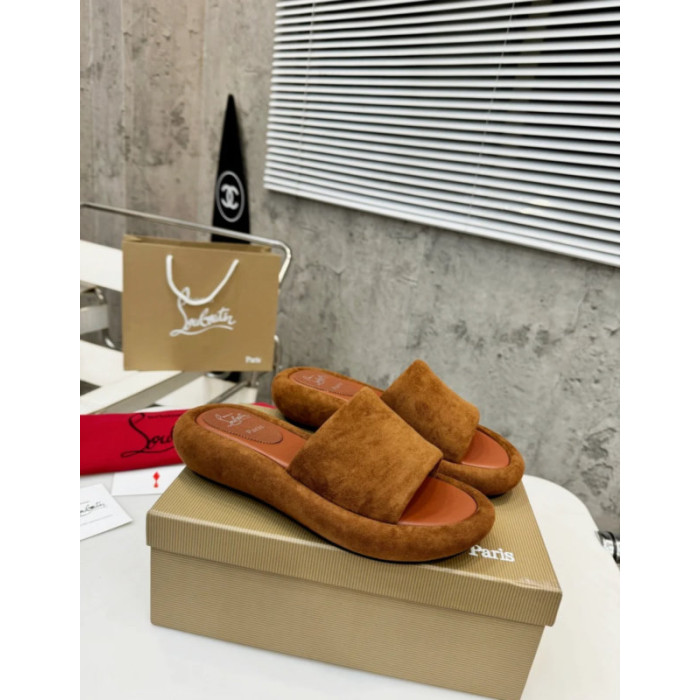 Christian Louboutin Brown Suede Flat Slide Sandal