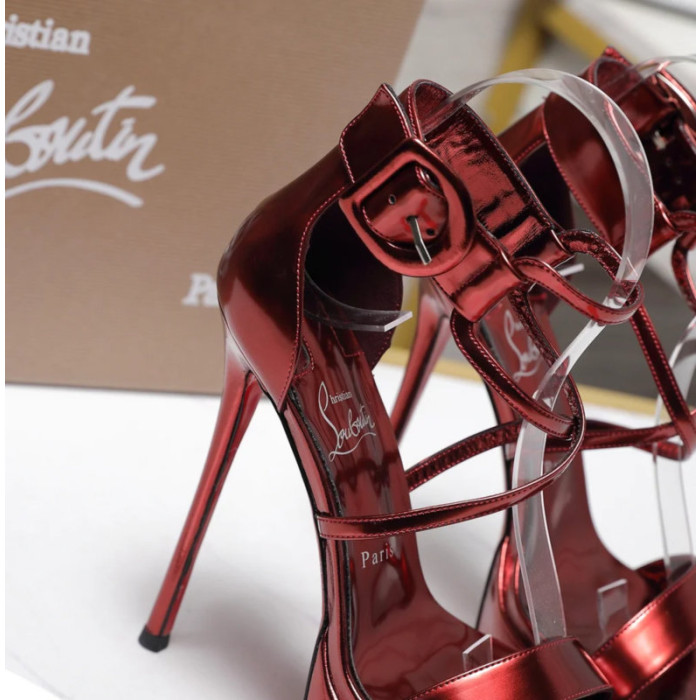Christian Louboutin Metallic Burgundy Platform Ankle‑Strap Stiletto Heel Sandals