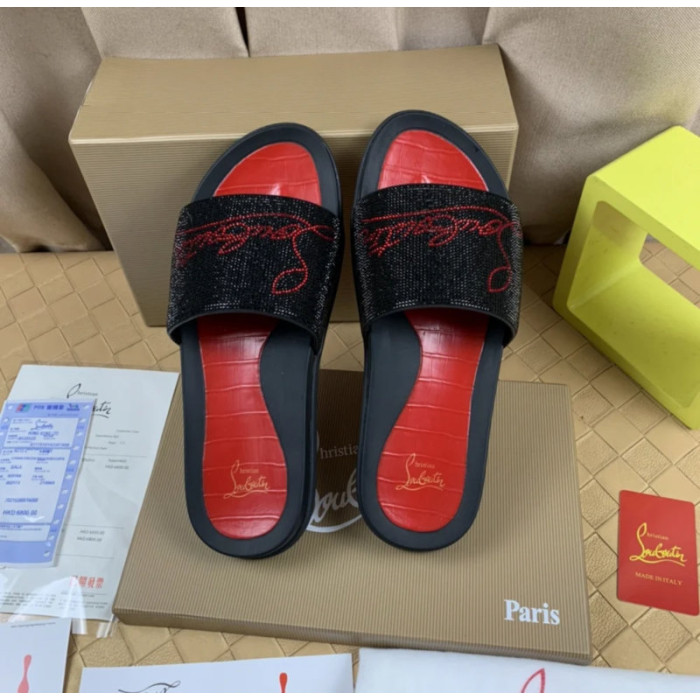 Christian Louboutin Black Crystal Slide Sandals With Red Signature Logo